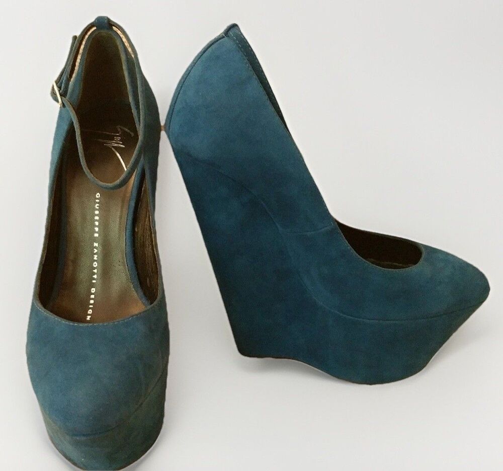 Giuseppe Zanotti Blue Suede Platform Mary Jane Wedge Heels NEW Size 35.5